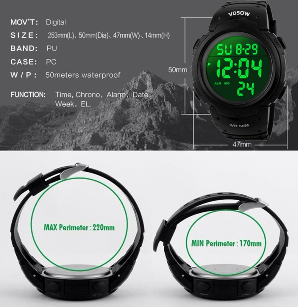 Mens Sports Digital Watches - Outdoor Waterproof Sport Watch with Alarm/Timer, Big Face Military Wrist Watches with LED Backlight for Running Men - Black — view 5