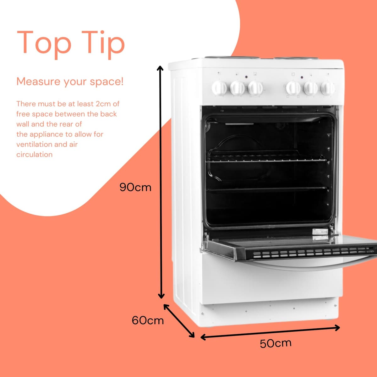 SIA ESXB50W 50cm White Electric Cooker With 4 Zone Plate Hob, Single Cavity, Freestanding — view 2
