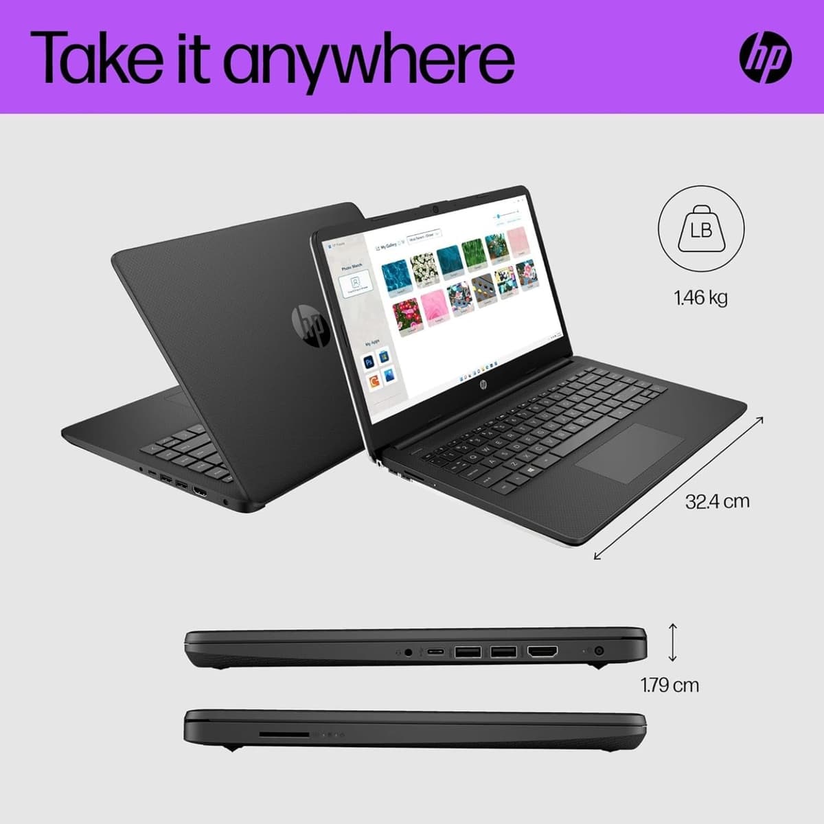 HP Stream 14" Laptop | Intel N4120 Processor | 4 GB RAM | 64 GB eMMC | Intel UHD Graphics | HD Display | Dual Speakers | Microsoft 365 Personal 12 month included | Win 11 | Jet Black | 14s-dq0000sa — view 3