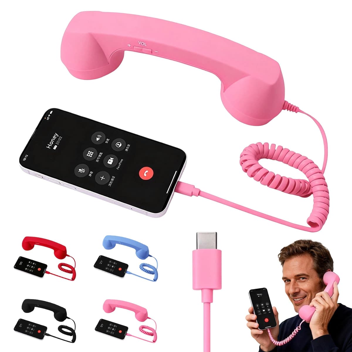 Retro Phone Handset for iPhone & Android, 2026 New Type-C Wired Receiver with Microphone & Speaker, Vintage Landline Style Handle for Noise Cancelling Calls, Meetings, and Home Office Desk Use (Pink)