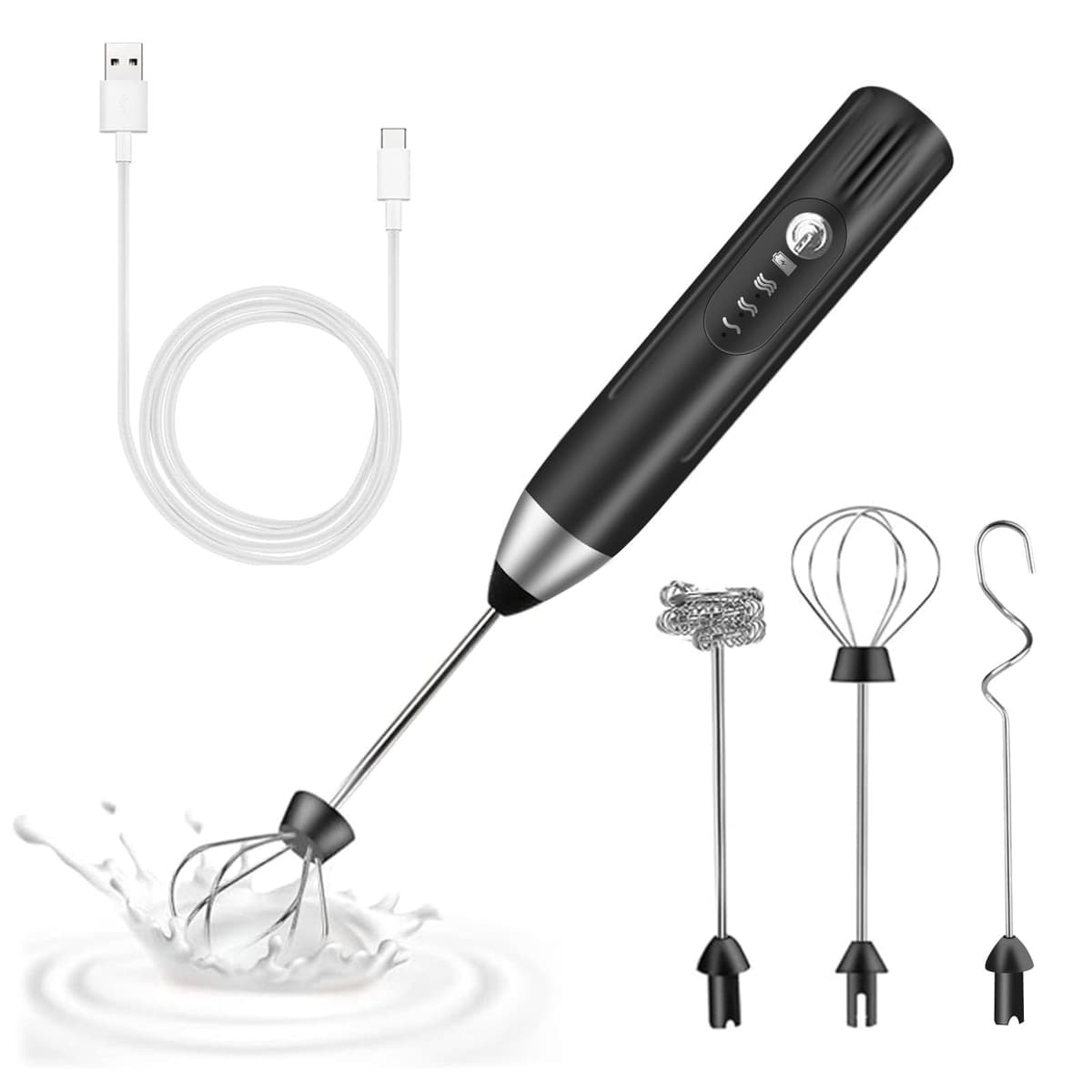 espumador de leche,USB Recargable batidor de leche electrico, 3 velocidades ajustable espumadera de leche, batidora leche espuma para capuchino, café, matcha (Negro) — view 9