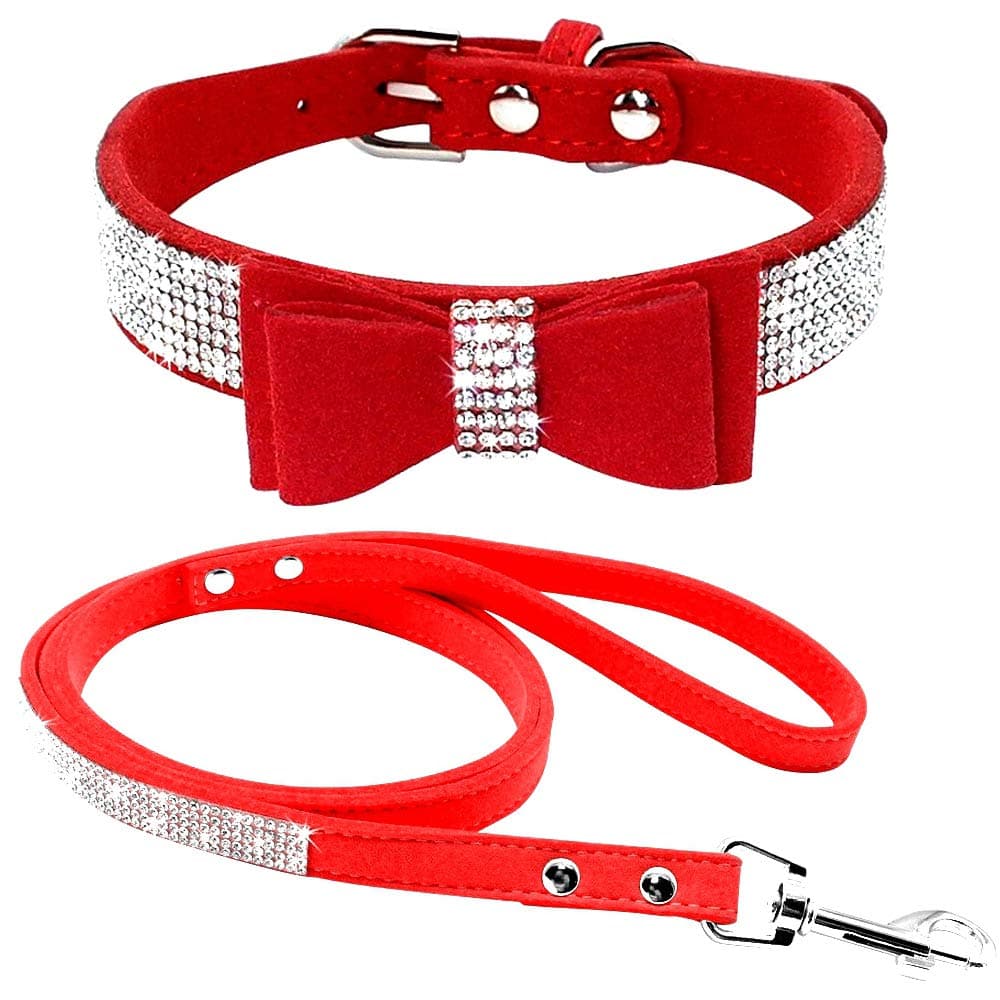 Cute Dazzling Sparkling Elegant Fancy Soft Suede Leather Bling Rhinestone Crystal Jeweled Pet Cat Dog Puppy Collar Dog Leash Combo Set (S, Black-2) — view 28