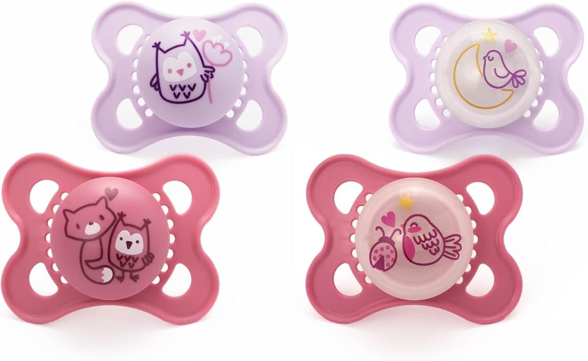 MAM Original Day & Night Soothers | 0-6 Months | 4 Pack | Includes 2x Glow in The Dark Dummies | Orthodontic Design | Baby Accessories | Beige (Various Designs)