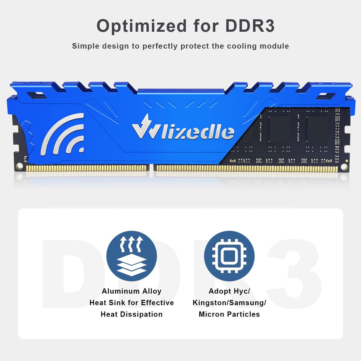 DDR3 8GB Memoria RAM 1333MHz CL9 UDIMM, Memória de Computador PC3-10600 240-Pin 1,5V Non-ECC 2Rx8 Módulo de RAM Upgrade para Ordenador de Sobremesa(Azul) — view 4
