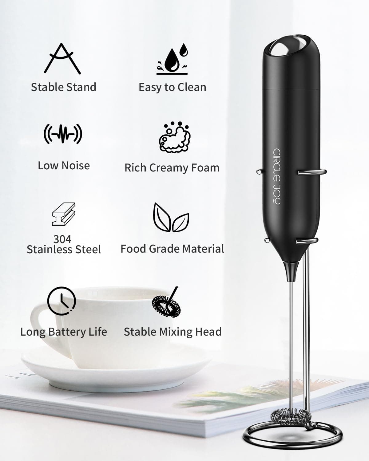 CIRCLE JOY Montalatte a Mano con Supporto, Frullino Montalatte Elettrico, a Batteria Mini Schiumatore per Latte, Cappuccino, Matcha, Regalo da Cucina, Nero — view 2