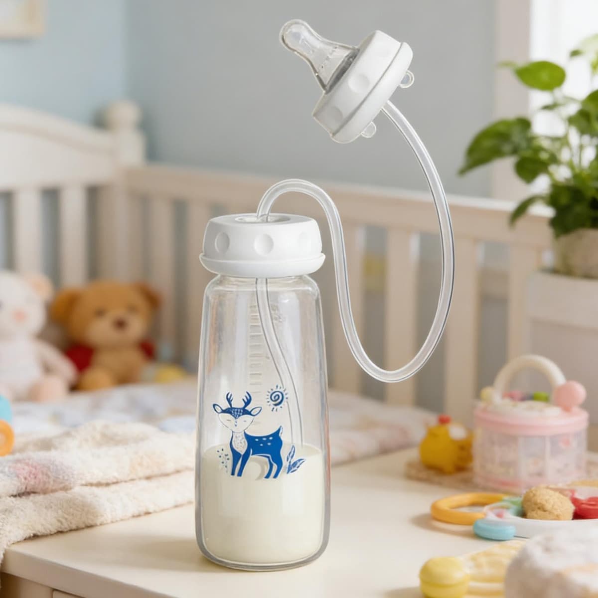 3-in 1 Hands-Free Anti-Colic Bottle, 240ml Silicone Leakproof with Nipple Straw, Portable Kids Water Bottle, Adjustable Fast Flow Milk Bottles — view 4