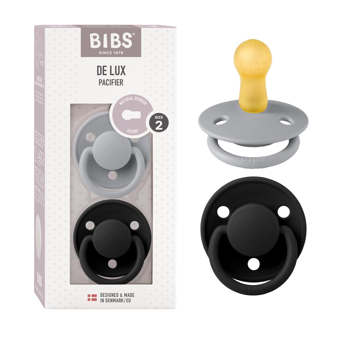 BIBS De Lux Dummies 2-Pack, BPA Free Dummy Pacifier, Round Nipple. Natural Rubber Latex, Size 2 (6-18 Months), Cloud/Black