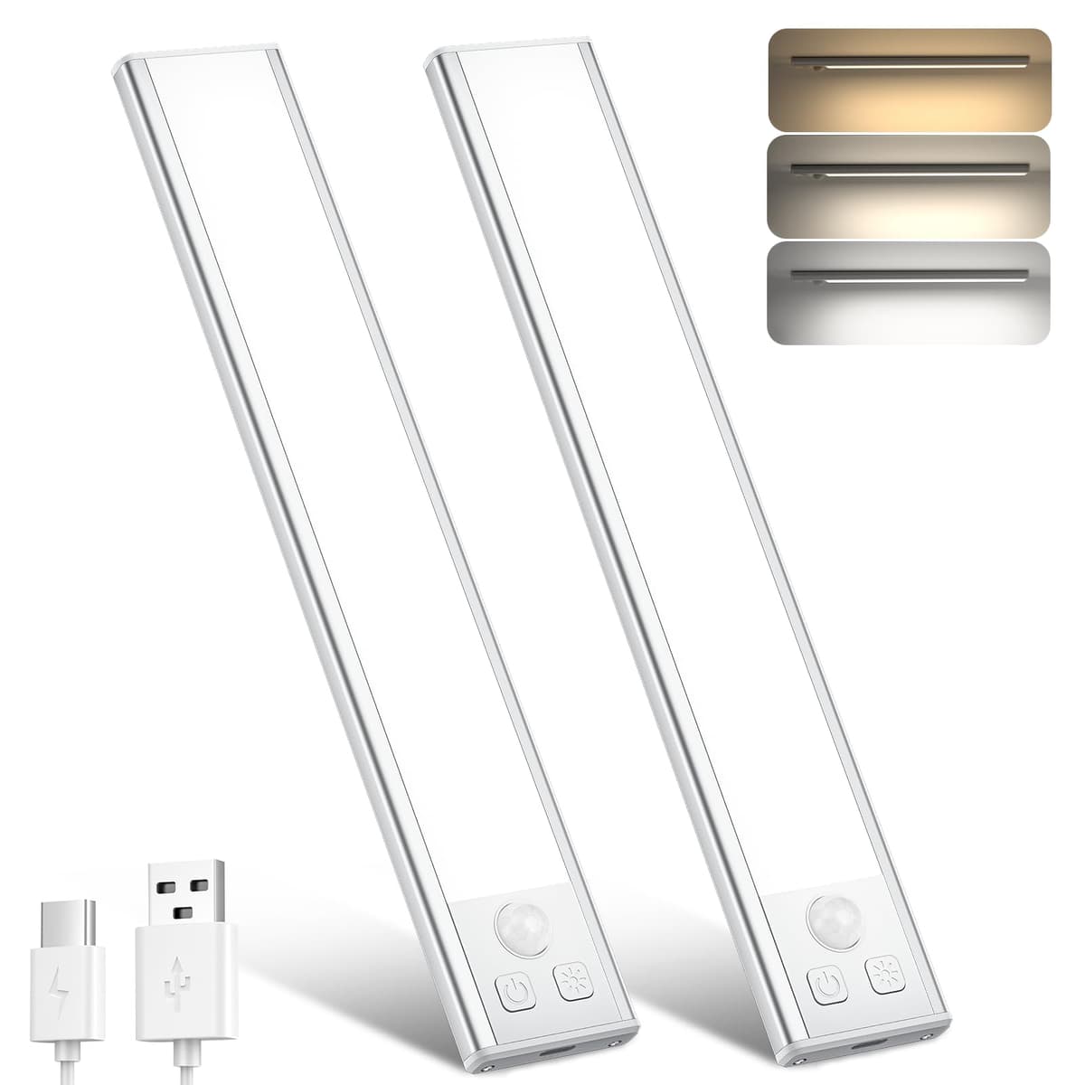 OUILA Under Cabinet Kitchen Lights, 64 LED [2 Pack] 3 Color Stepless Dimming Motion Sensor Lights Indoor, 1000mAh USB-C Rechargeable LED Lights for Cupboard, Kitchen