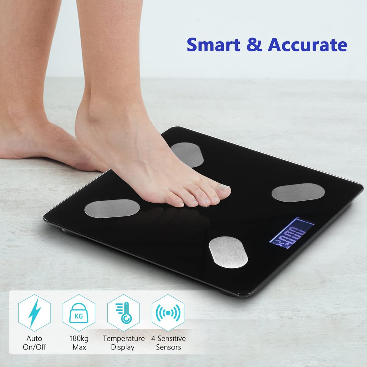 Diboniur Precision Smart Digital Bathroom Scale, Body Weight Scale for IOS and Android, Scales with 12 Indicators – Weight, Body Fat, Muscle (Black) — view 5