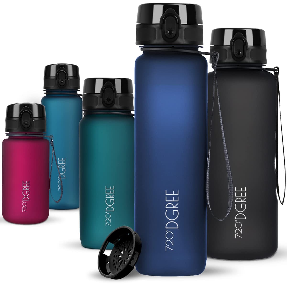 720°DGREE Botella uberBottle + colador – 350 ml, 500 ml, 650 ml, 1000 ml, 1,5 l, 2 l – Sin BPA – Botella de agua para deportes, escuela, niños, fitness, gimnasio, bicicleta, exterior – ligera