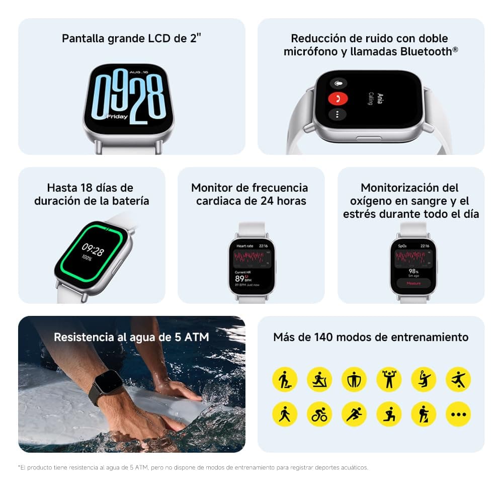 XIAOMI Redmi Watch 5 Active, Llamadas Bluetooth, Pantalla LCD de 2 Pulgadas, Monitor de frecuencia cardíaca, 140 Modos Deportivos, hasta 18 días de autonomía, Negro — view 2