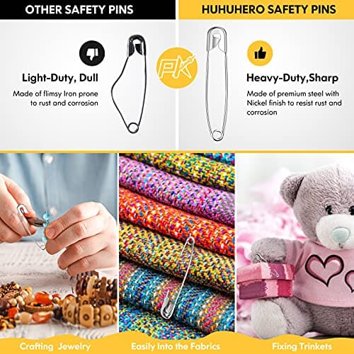 Huhuhero 160Pcs Safety Pins, Large & Small Safety Pins for Clothes Sewing Craft, 5 Assorted Sizes Sharp Edge Pins Bulk, Art and Craft Supplies (Sliver) — view 4
