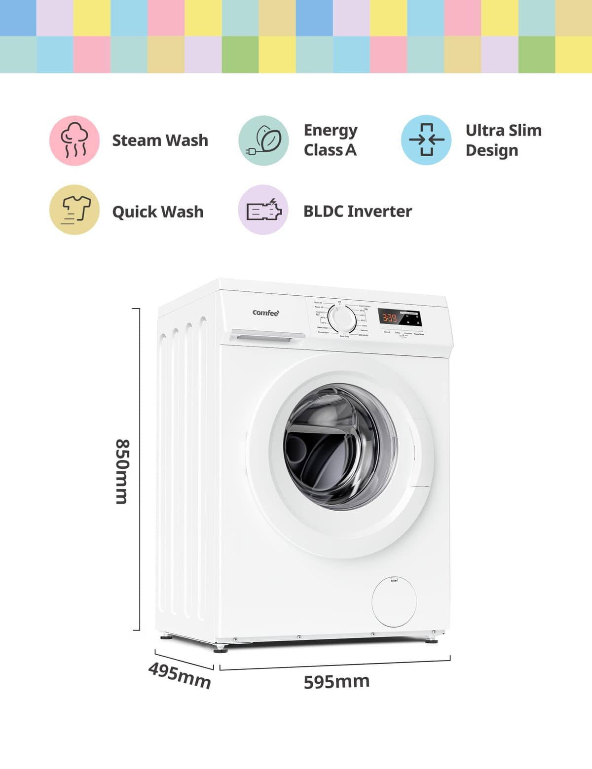 COMFEE' Freestanding Washing Machine,9KG Load,1400RPM,Steam Wash,Slim Design,Quick Wash,BLDC Durable Inverter Motor,White-CFE12EW90/W — view 3