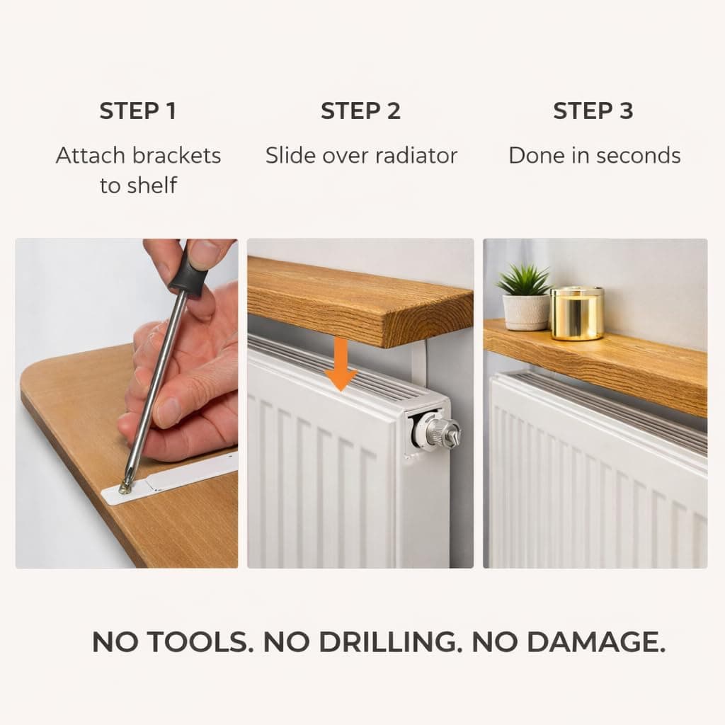 MKGT No Drill Radiator Shelf – Solid Wood Floating Shelf for Hallway & Living Room – Handmade in UK Radiator Cover Top Shelf with Brackets (Rustic Pine, 90cm) — view 5