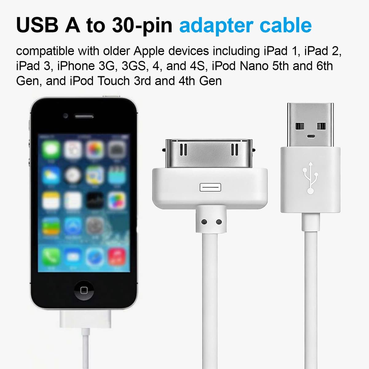 USB Sync and Charging Data Compatible With iPhone 4/4S/3G/3GS, iPad 1/2/3, iPod Touch/Classic, Old 30-Pin Devices, 1M, White — view 7