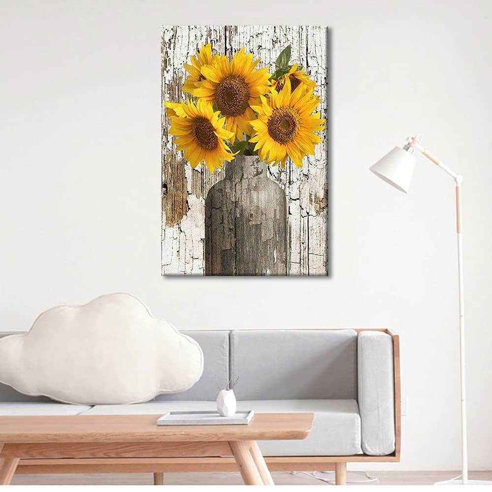 TISHIRON Wall Art Prints Yellow Sunflower in Vase with Frame 24"x16" Canvas Painting Artwork Home Decor Ready to Hang for Bedroom Livingrong Kids Gift — view 4