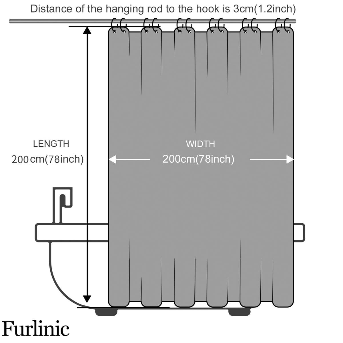 Furlinic Cortina Ducha 200x200cm Antimoho Impermeable Lavable Blanco Tela Poliéster Grandes Cortinas de Baño con 12 Aros de Cortina Ducha. — view 6