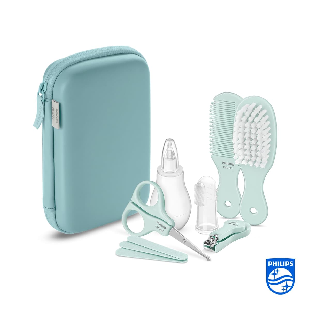 Philips Avent Baby Care Set: Kit básico para el cuidado del beb con 9 accesorios; cortaúñas, tijeras, 3 limas de uñas, peine, cepillo, aspirador nasal y cepillo dental dedal (modelo SCH401/00) — view 2