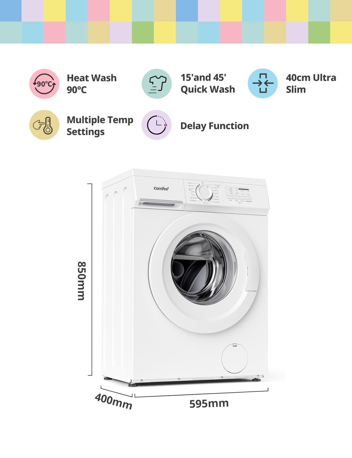 COMFEE' Freestanding Washing Machine,6KG Load,Heat Wash 90℃,Quick Wash,15 Washing Programs,White-CFE10EW60/W — view 2