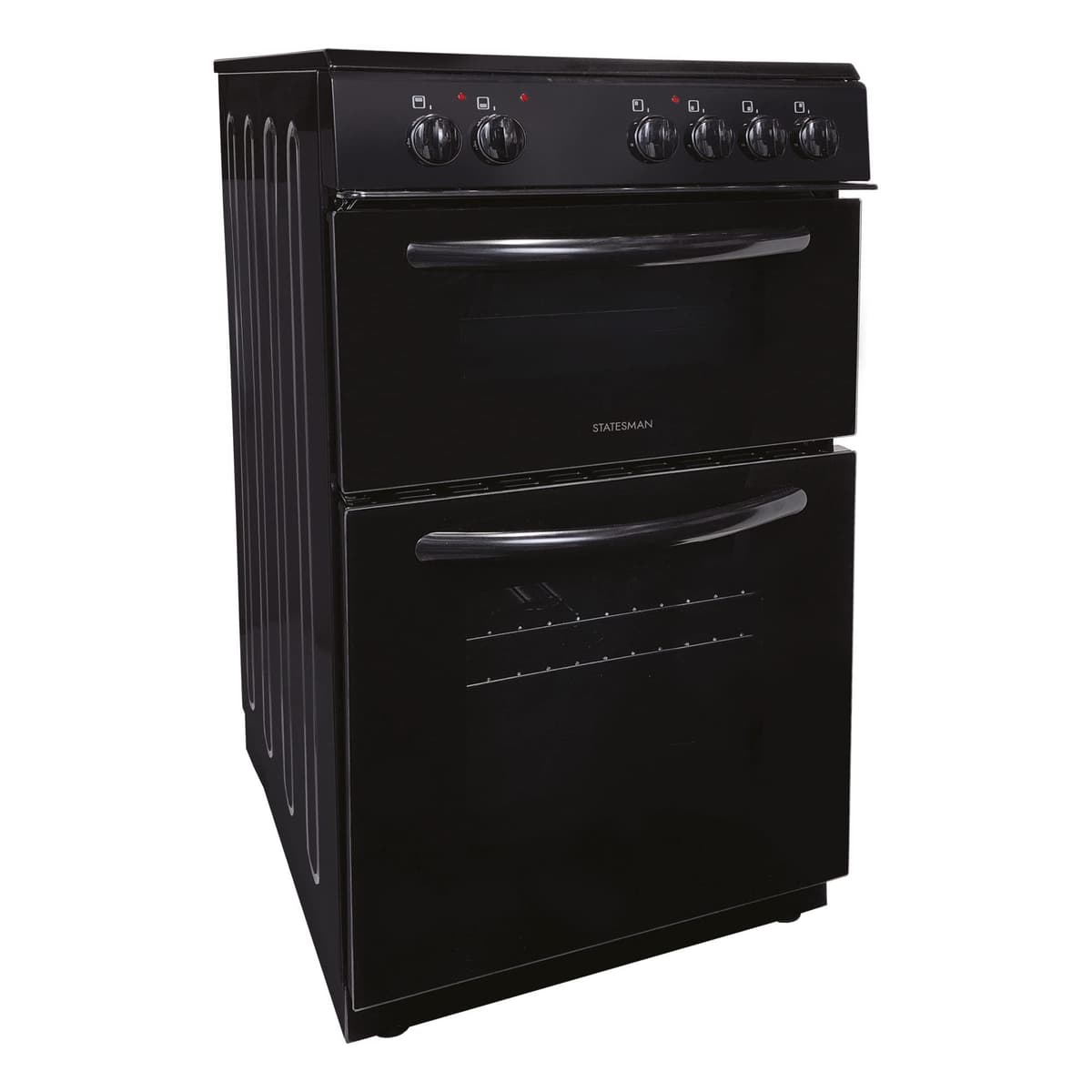 Statesman EDC50B Fan Assisted Double Oven Electric Cooker, 4 Zone Ceramic Hob, Integrated Grill, 50cm Wide, Double Glazed Door, 1 Deep Tray with Wired Chrome Grid, Black — view 3
