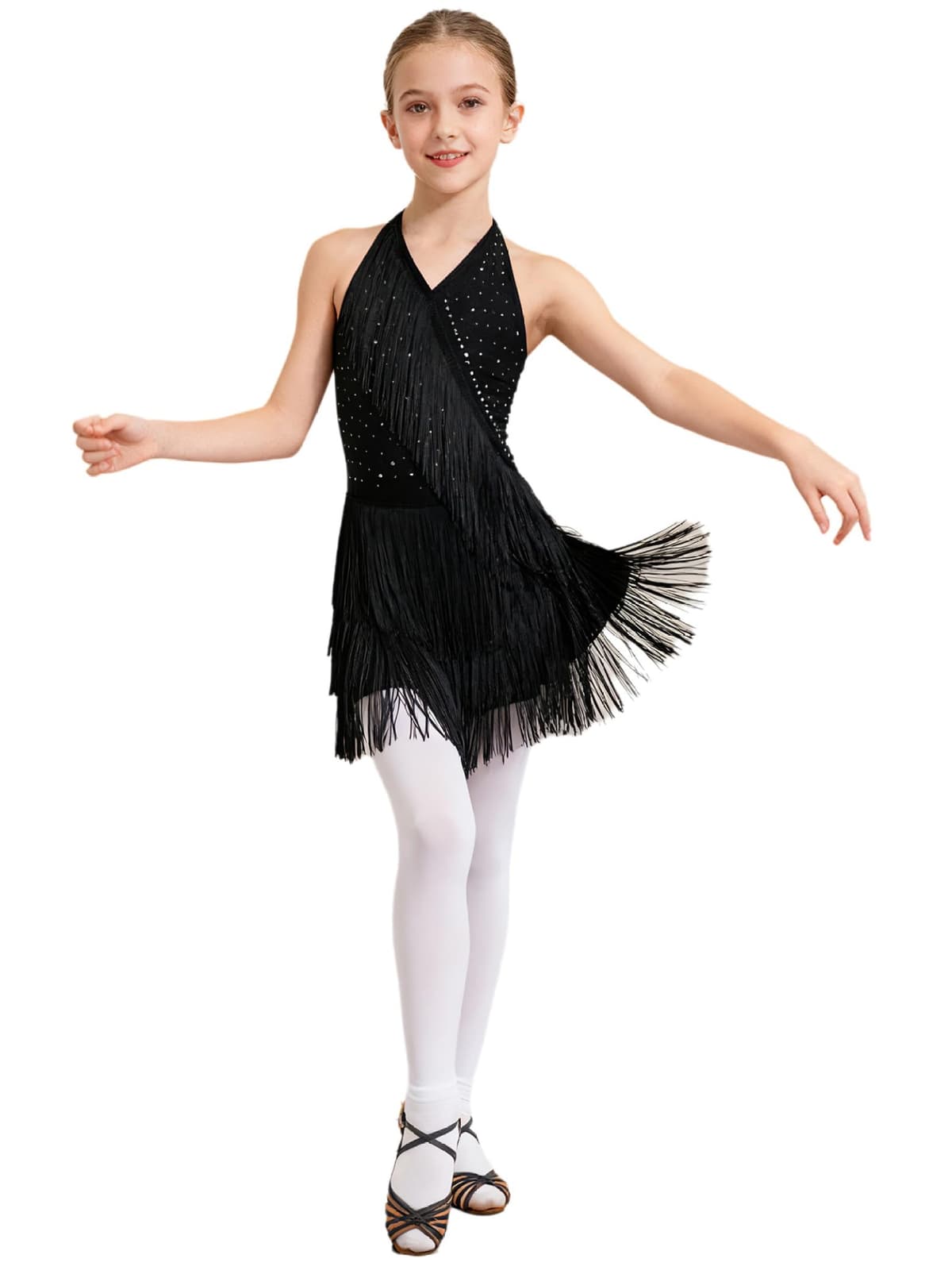 Jydiazi Vestido de baile latino para niña, con flecos, con brillantes, vestido de tango latinoamericano, Cha Cha, ropa de baile — view 9