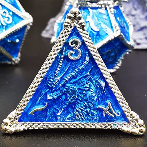 HAOMEJA Metal Dragon Dice Set DND 7 Set Dice Role Playing Dice D&D Dungeons and Dragons (Silver Blue) — view 4