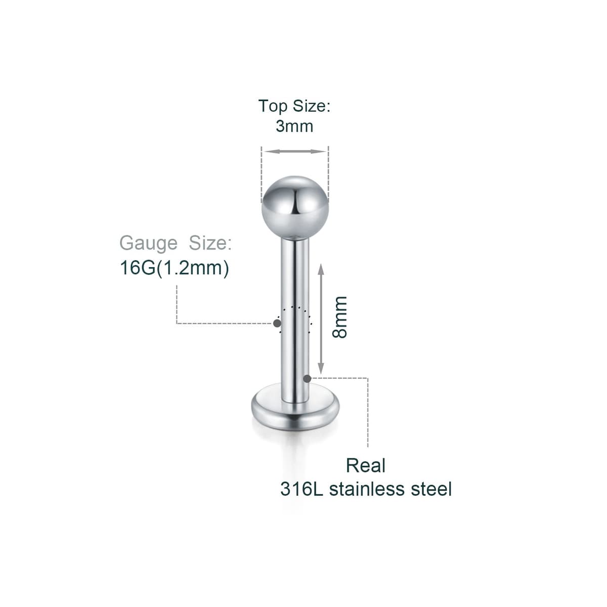Briana Williams 10pcs 1.2mm 316L Acero Inoxidable Labret Labio Piercing Tragus Helix cartílago Pendiente Barbell Stud, 6-8 mm Longitud de la Barra — view 3