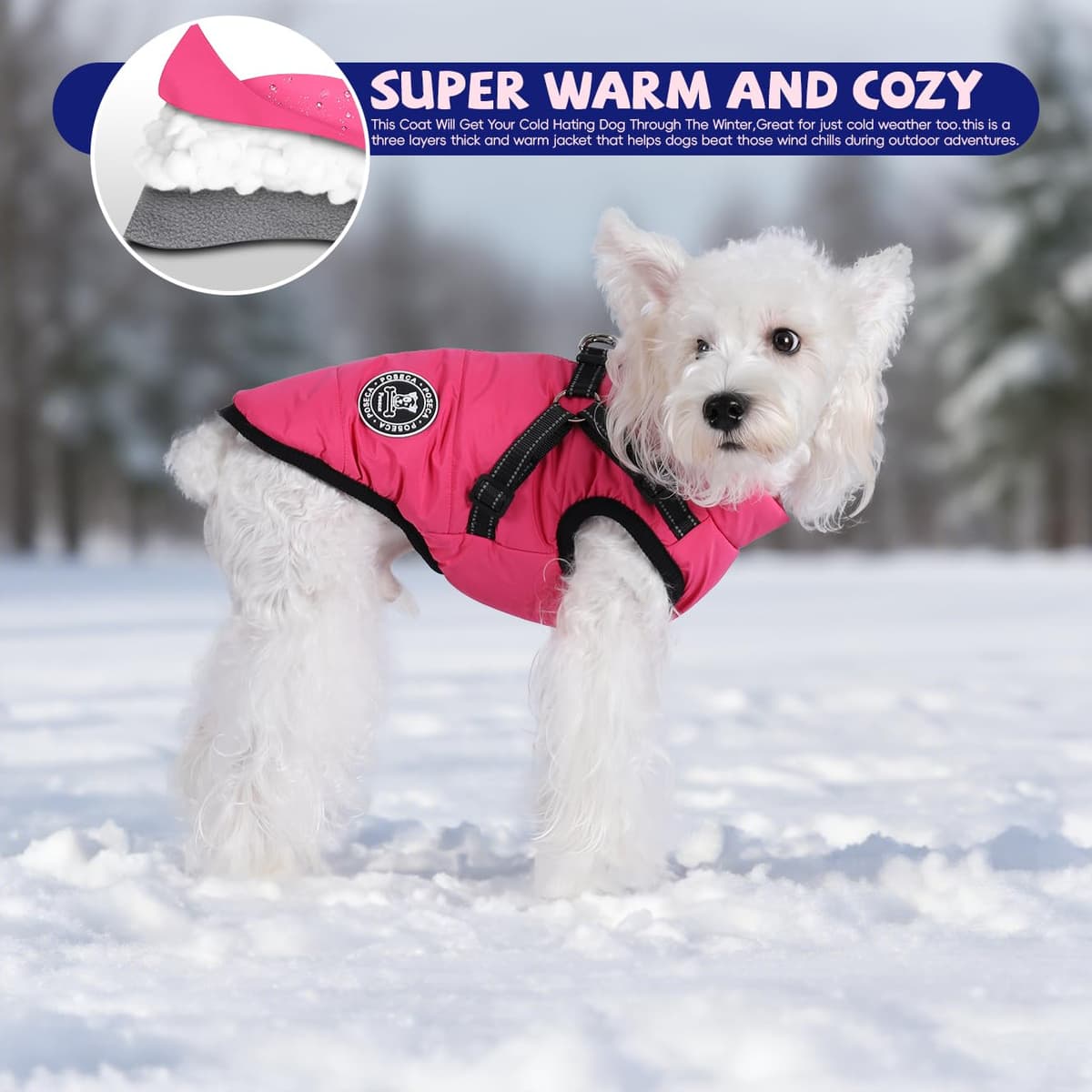 Poseca Dog Coat with Harness,Dog Coats Waterproof,Small Dog Harness Jacket,Puppy Winter Fleece Jackets,Winter Waterproof Coat with Reflective Harness and Zipper for Small Medium Large Dogs — view 7