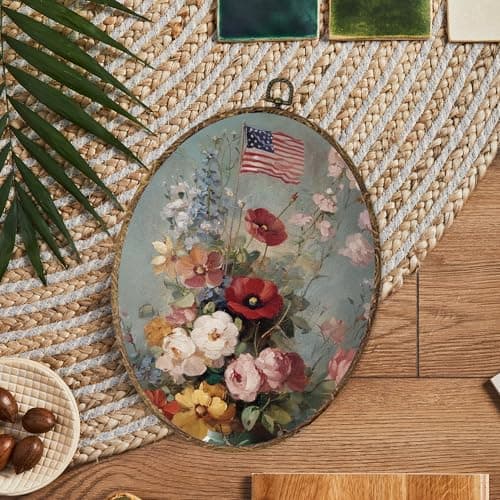 OINDADE 4th of July American Flag Flower Oval Wall Art Decor, Vintage Patriotic Floral Wall Art Hanging Decor, Cottagecore Flower American Flag Framed Canvas Artwork for Living Room, 8.8x11.5in — view 5