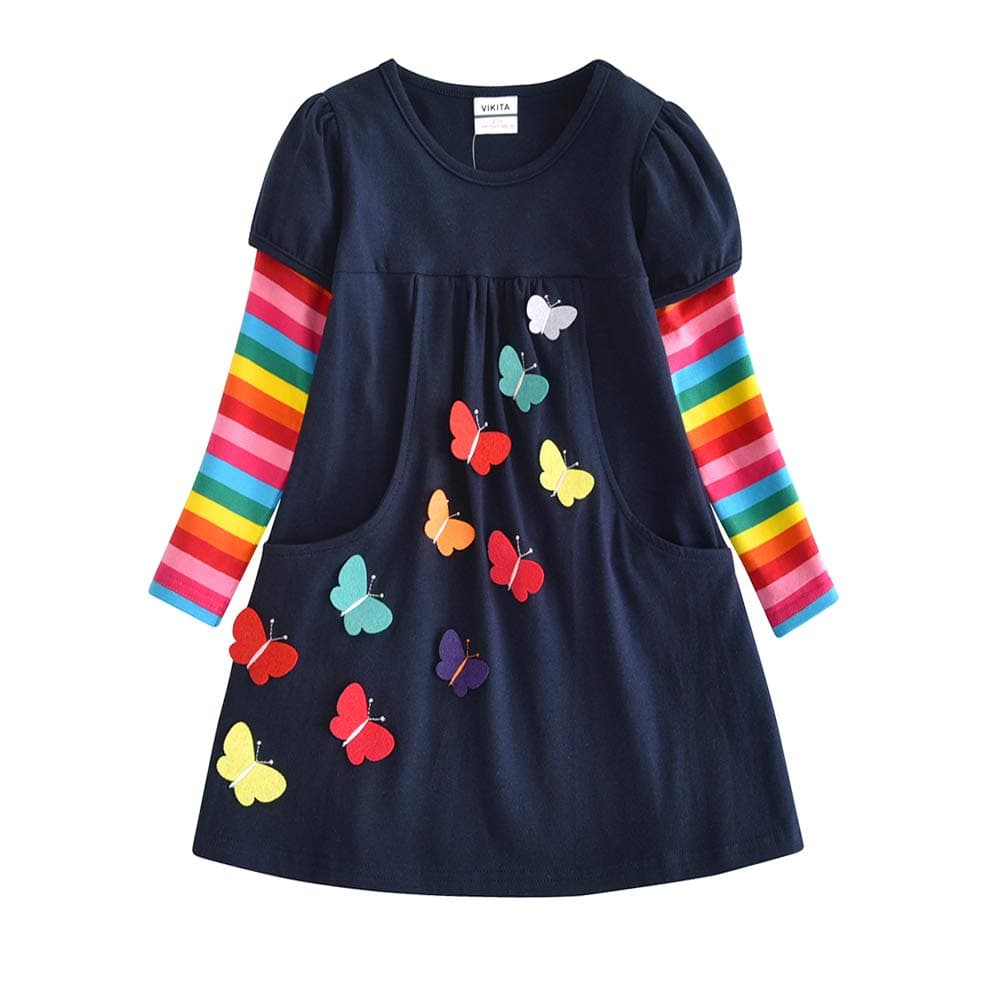 VIKITA Vestido para Niñas Manga Larga Algodón Princesa Casuales Bebe Niñas 2-8 años