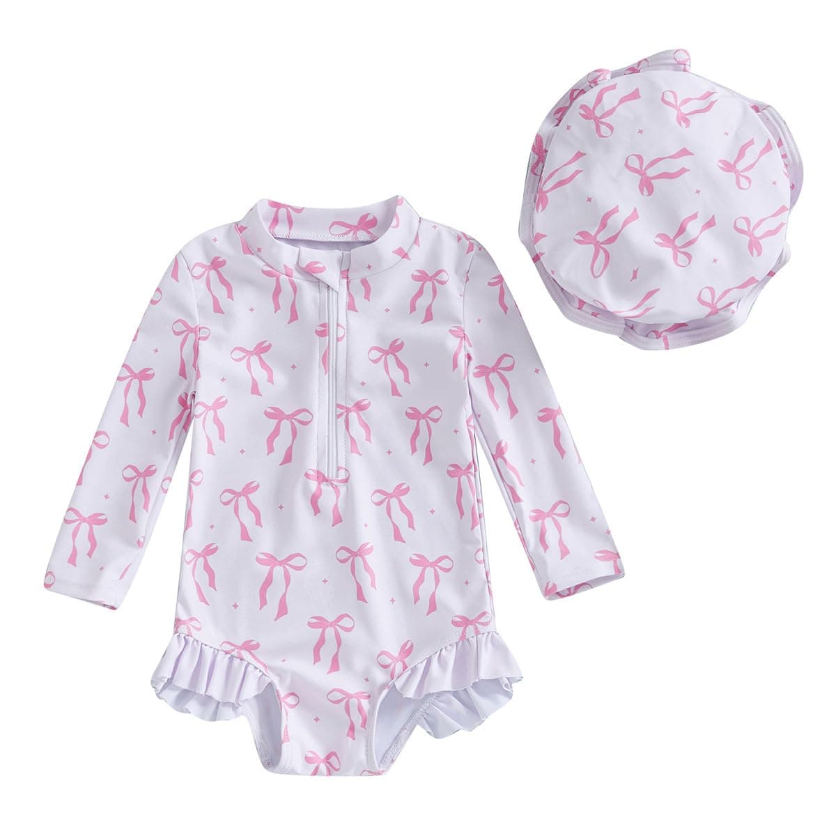 JENJON Traje de Baño a Rayas para Bebé Niña con Volantes Mangas Lindo Floral Traje de Baño de Una Pieza con Cremallera Protección UV y Gorro de Playa Verano