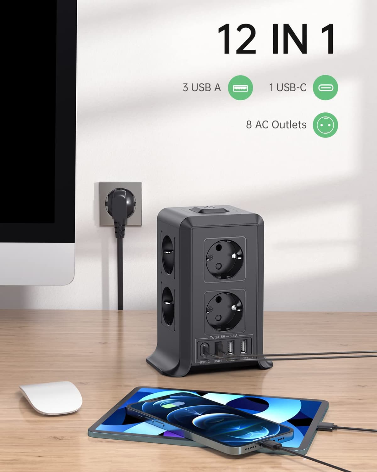 Torre Regletas Enchufes, Regleta USB 8 Tomas de AC y 4 USB Enchufe Multiple, 2500W/10A,Regleta Enchufes Proteccion Sobretension, 2M Regreltas Vertical con Interruptor para Mesa, Oficia, Casa, Negro — view 2