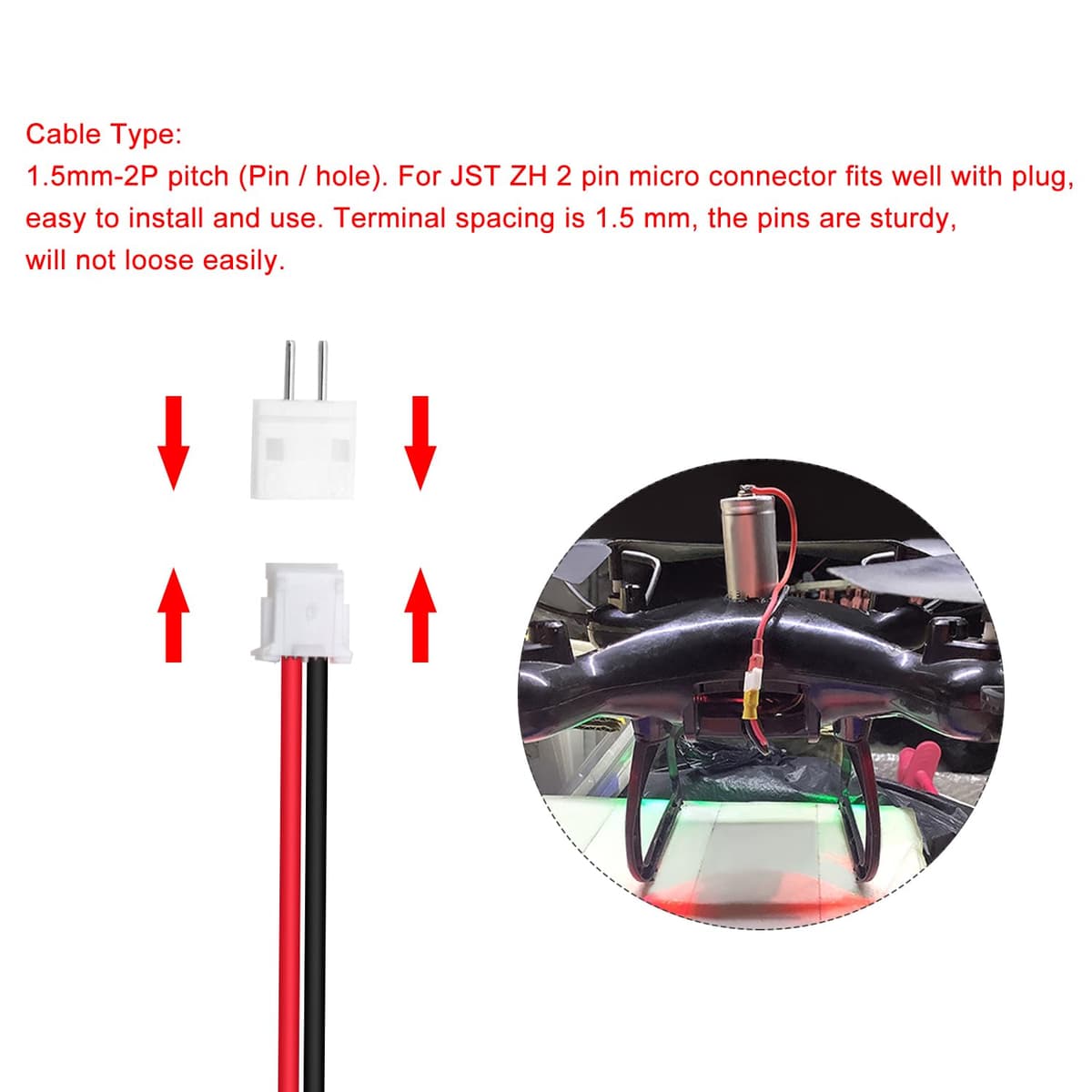 50 Juegos Conectores JST 1.5 ZH, Mini Micro JST ZH 2 Pin Conector Macho con Cable de 150mm 26AWG y Hembra (Negro Rojo) — view 4