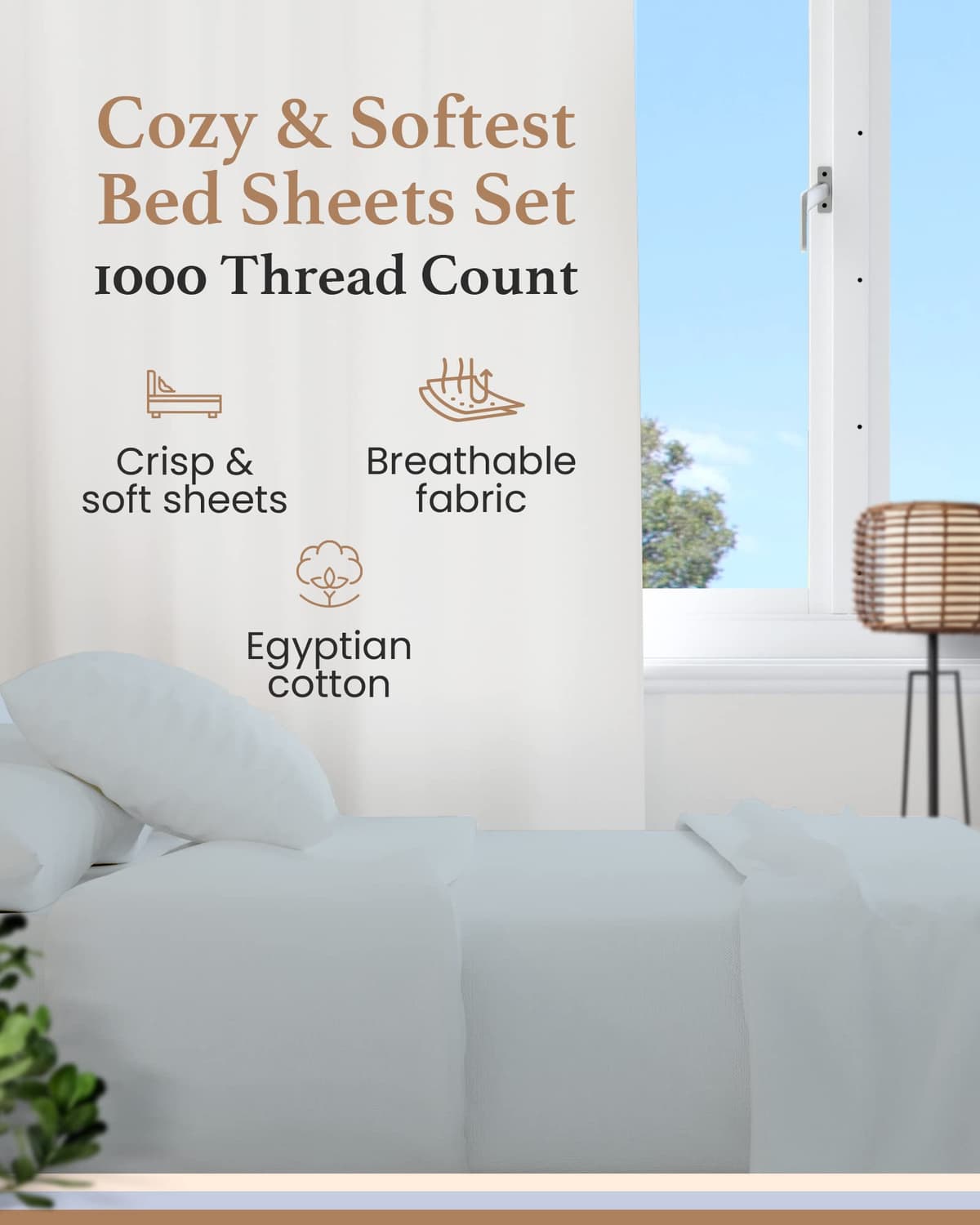 1000 Thread Count Egyptian Cotton Sheets Queen Size, 4 Pc Luxury Sheets Set, Long Staple 100% Cotton Sheets for Queen Size Bed, 16" Deep Pocket Hotel Style Sheets, Sateen Sheets Queen, Light Blue — view 2