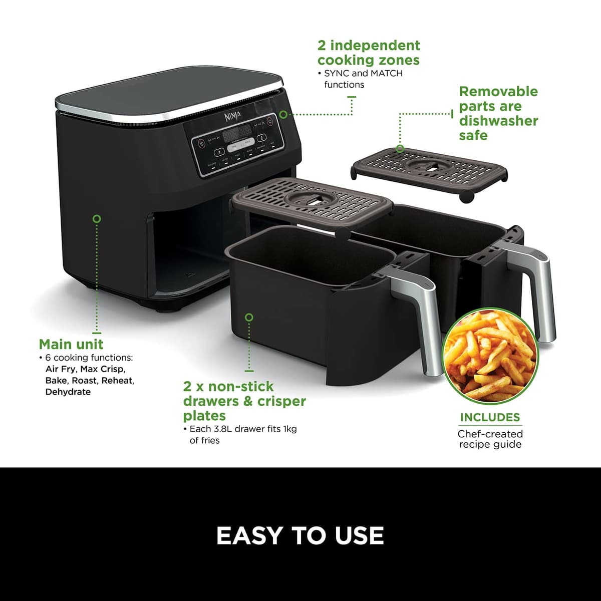 Ninja Foodi Dual Zone Digital Air Fryer, 2 Drawers, 7.6L, 6-in-1, Uses No Oil, Air Fry, Max Crisp, Roast, Bake, Reheat, Dehydrate, Cooks 4-6 Portions, Non-Stick, Dishwasher Safe Baskets, Black AF300UK — view 3