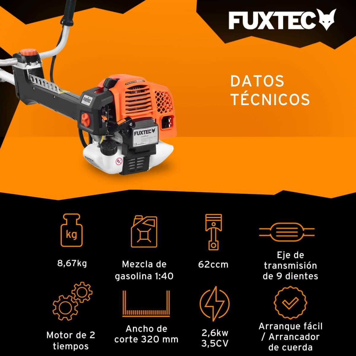 FUXTEC Desbrozadora profesional de gasolina de 62 cc, 3,5 CV, Multiherramienta 2en1, con correa para el hombro, sistema antivibratorio recortadora multifunción Motor 2 tiempos — view 3