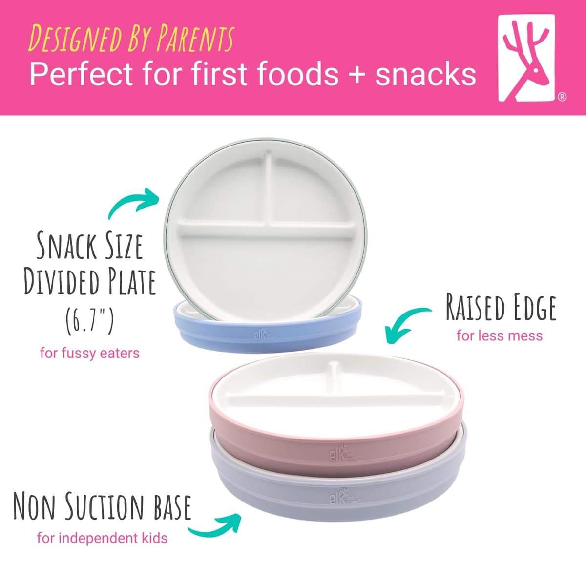 Elk and Friends Kids 6.7” Porcelain White Divided Plates with Silicone Sleeves | Suitable for Babies/Toddlers | Microwave & Dishwasher Safe | Non Slip Dinnerware | Snack Dishes | 4 Pack — view 4