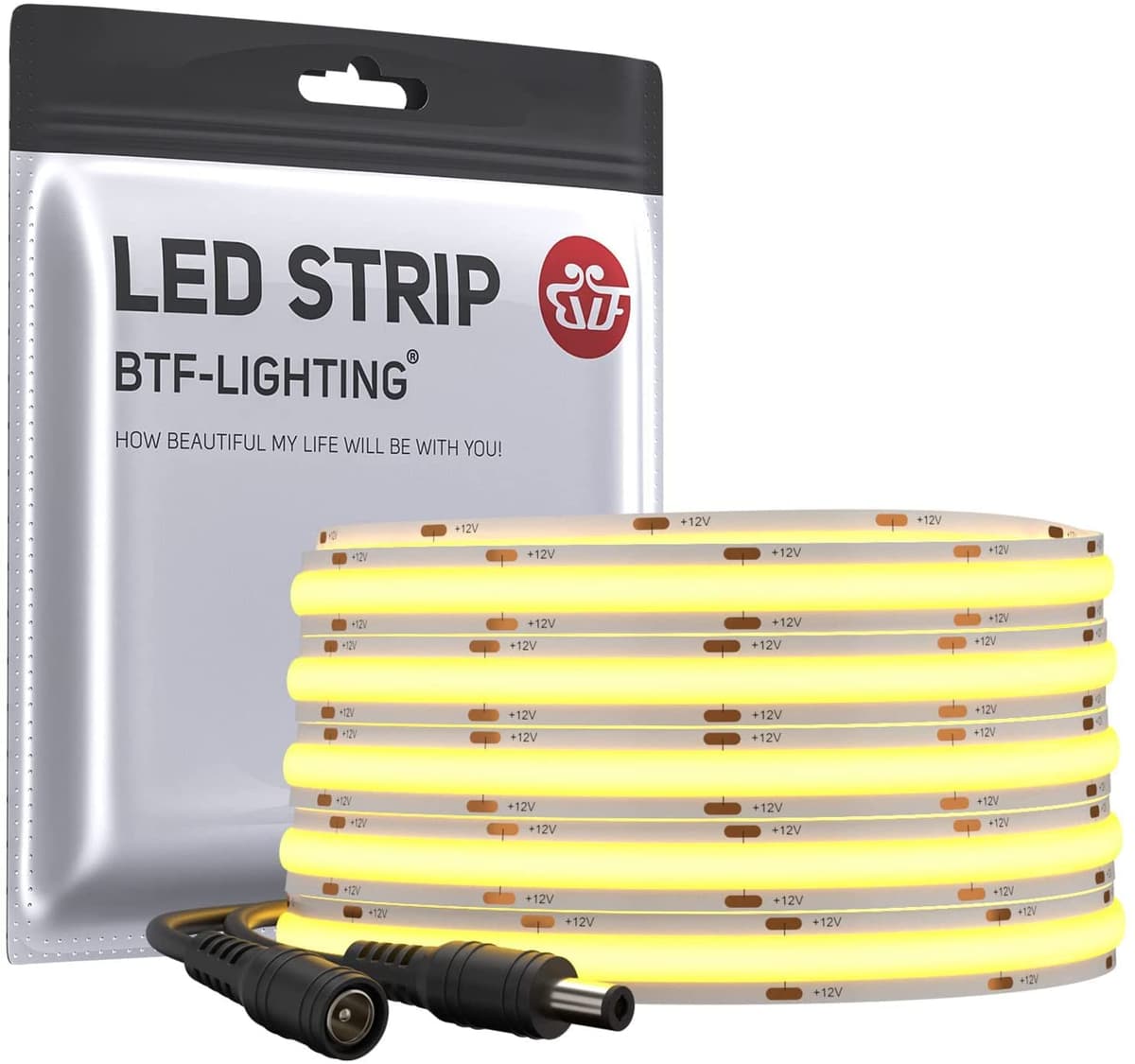 BTF-LIGHTING COB LED Strip Light 5M FCOB 480LEDs/M Dimmable Light Uniformity Flexible High Density Warm White 12V 8mm Width LED Tape for Bedroom Kitchen Home Interior Decoration(Only LED Strip)