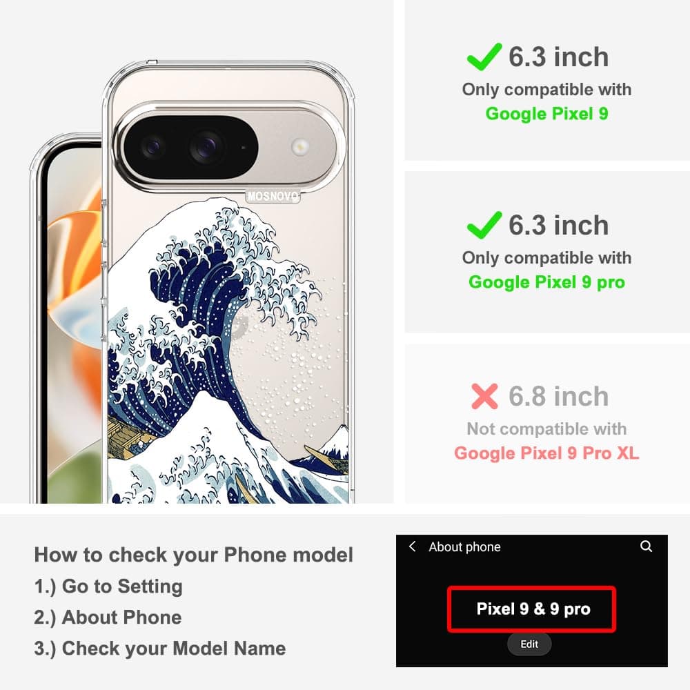 MOSNOVO Case for Google Pixel 9 & Pixel 9 Pro, [Buffertech 6.6ft Military-Grade Drop Protection] [Anti Peel Off Tech] Clear TPU Bumper Phone Case Cover Design - Great Wave — view 2