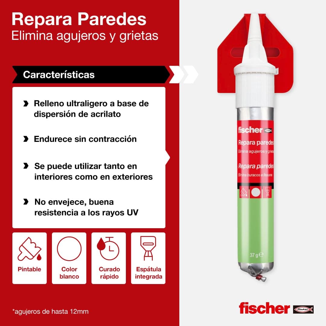 fischer - Masilla Adhesiva Repara Paredes, Compatible con Placas de Yeso PLADUR®, Cemento, Hormigón o Mamposteria | Para Tapar Agujeros Pared, Reparador de Pared | Incluye Espátula (75 ml) — view 3