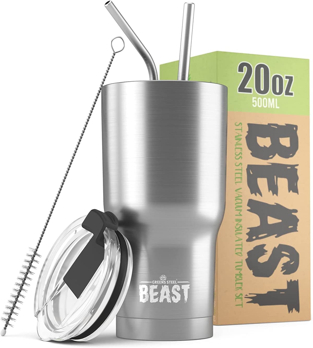 Greens Steel Beast Tumbler – 550 ml (20 oz), Coral | Vaso de acero inoxidable reutilizable con aislamiento al vacío | con 2 pajitas y cepillo de limpieza | Termo de viaje de doble pared — view 38