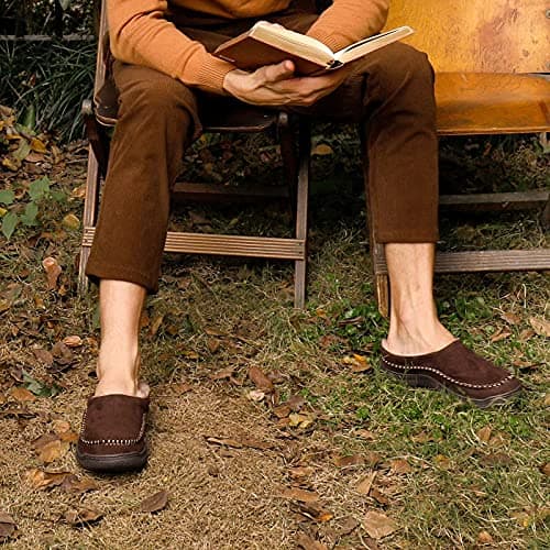Zigzagger Men's Slip On Moccasin Slippers, Indoor/Outdoor Warm Fuzzy Comfy House Shoes, Fluffy Wide Loafer Slippers,Coffee, 9-10 D(M) US