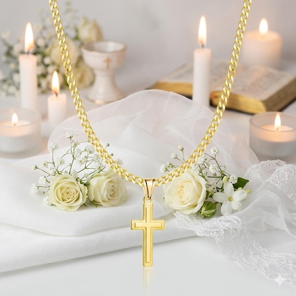 ZELYA Cadena de oro con cruz chapada en oro 925/585 de 14 quilates, cadena de eslabones para niñas y niños, cadena de comunión con cruz, cadena infantil para comunión y bautizo, caja de regalo con — view 4