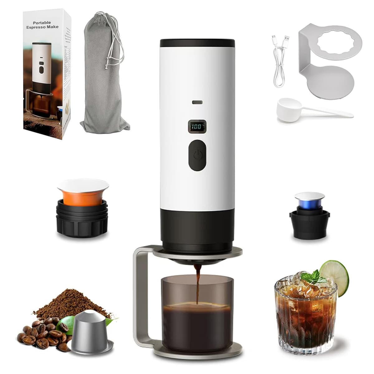 3-in-1 Portable Coffee Maker, 15 Bar Portable Espresso Machine with LED Display and 90ml Sink, Compatible with Ground Coffee & Capsules(Ns&DG) for RV, Hiking, Office, Auto-Heating, USB-C (Purple) — view 10