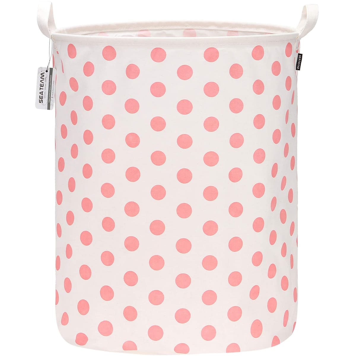 Sea Team 19.7 Inch Large Sized Waterproof Coating Ramie Cotton Fabric Folding Laundry Hamper Bucket Cylindric Burlap Canvas Storage Basket with Stylish Grid Pink Design — view 12