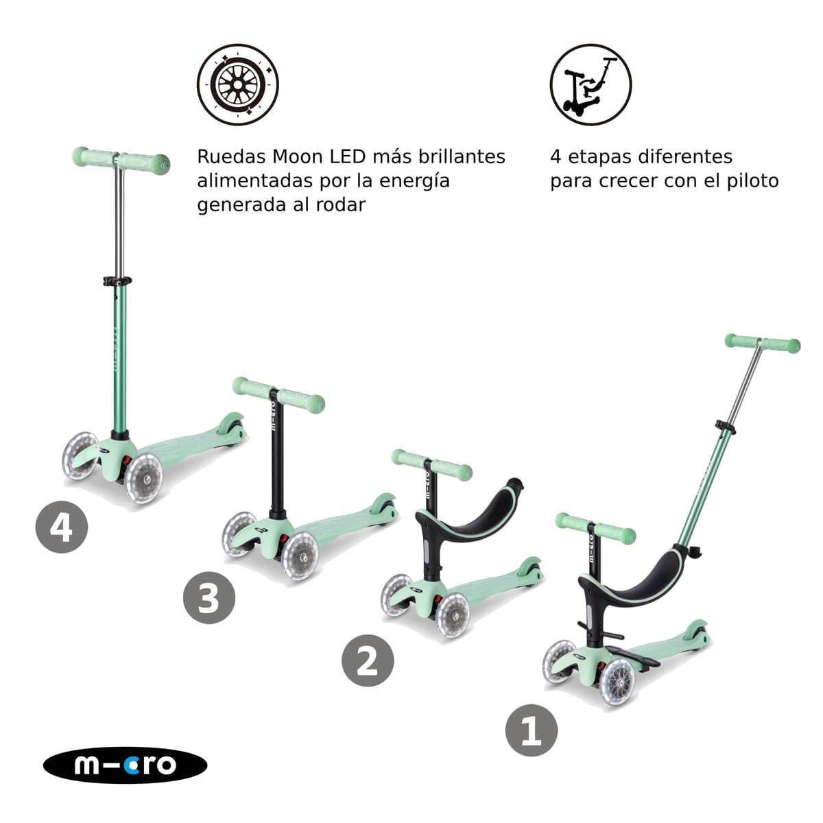 Micro® | Mini2Grow Deluxe LED | El Original Desde 1999 | Patinete Evolutivo con Asiento Mini 4en1 para niños Desde 1 año| Ruedas LED mas Brillantes | Transición sin Herramientas | 1-6 Años — view 3