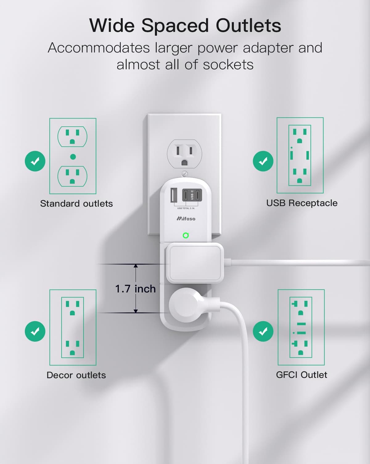 PD20W USB Outlet Extender Surge Protector - with Rotating Plug, 6 AC Multi Plug and 3 USB Ports (2 C), 3-Sided Swivel Power Strip Spaced Splitter for Home, Office, Travel — view 4