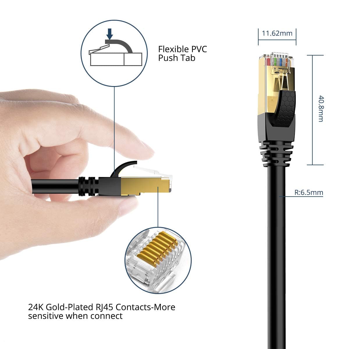 VEEtOP Cable Ethernet Cat 8 de Red con Conectores rj45 Oro para 40 Gigabit Internet LAN 1m Negro — view 6