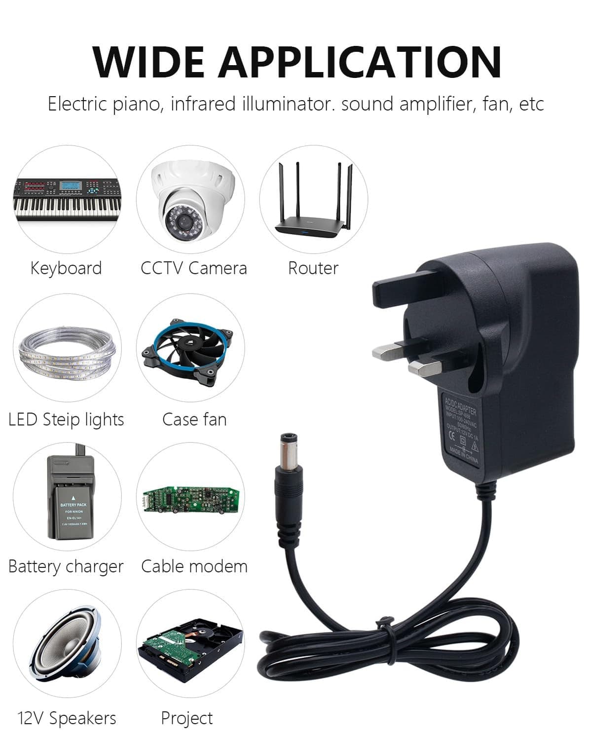 12V 1A Power Supply Adapter, AC 100-240V 50/60Hz to DC 12V 1Amp Switching Adaptor for LED Strip Light CCTV Router, Universal 12Volts External Power Adapter Barrel Jack 5.5mm x 2.1mm (1A 12W) — view 3
