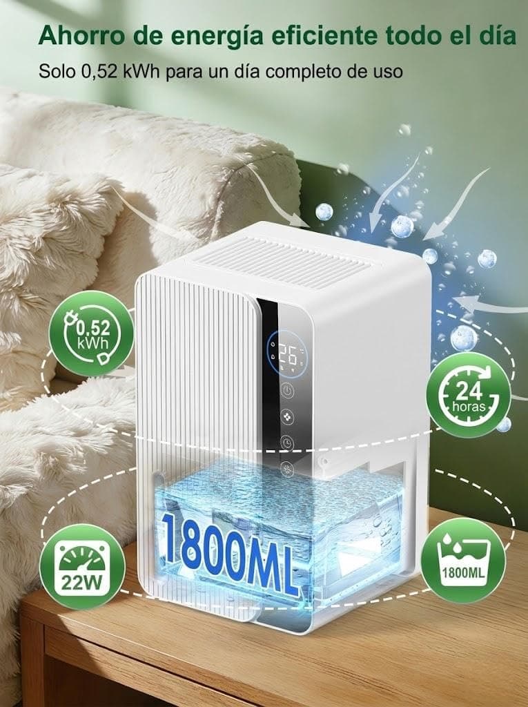 Deshumidificador Eléctrico 1800ml, Deshumidificador Bajo Consumo para Dormitorio y Baño, 22,5W, Silencioso con Temporizador y Apagado Automático, Dehumidifier contra Humedad y Condensación(680ml/día) — view 3
